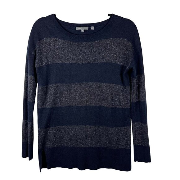Vince Pullover Sweater Womens M Cashmere Metallic Rugby Stripe Blue Gray‎ - Picture 1 of 6